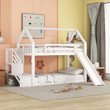 Kehun Kinderbett Etagenbett 90x200 cm für 2 Kinder, Hochbett Hausbett mit Stauraum Treppe und Rutsche, Holzbett mit Rausfallschutz und Lattenrost aus Holz, Weiß, Ohne Matratze - 3