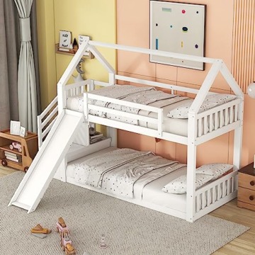 Kehun Kinderbett Etagenbett 90x200 cm für 2 Kinder, Hochbett Hausbett mit Stauraum Treppe und Rutsche, Holzbett mit Rausfallschutz und Lattenrost aus Holz, Weiß, Ohne Matratze - 4