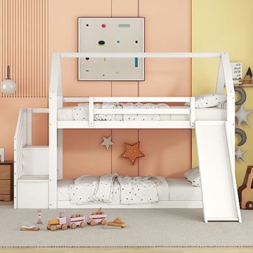 Kehun Kinderbett Etagenbett 90x200 cm für 2 Kinder, Hochbett Hausbett mit Stauraum Treppe und Rutsche, Holzbett mit Rausfallschutz und Lattenrost aus Holz, Weiß, Ohne Matratze - 1