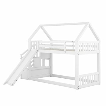 Kehun Kinderbett Etagenbett 90x200 cm für 2 Kinder, Hochbett Hausbett mit Stauraum Treppe und Rutsche, Holzbett mit Rausfallschutz und Lattenrost aus Holz, Weiß, Ohne Matratze - 5