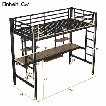 Kinderbett Hochbett 90x200cm, Bettgestell Metallbett mit Schreibtisch und Zwei Bücherregalen für Kinder Jugendliche und Erwachsene, schwarz - 2