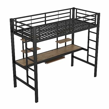 Kinderbett Hochbett 90x200cm, Bettgestell Metallbett mit Schreibtisch und Zwei Bücherregalen für Kinder Jugendliche und Erwachsene, schwarz - 5