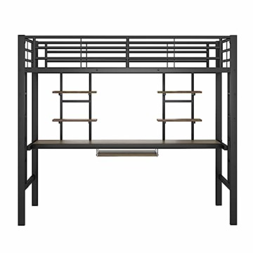 Kinderbett Hochbett 90x200cm, Bettgestell Metallbett mit Schreibtisch und Zwei Bücherregalen für Kinder Jugendliche und Erwachsene, schwarz - 7