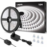 Lepro LED Strip 10M Kaltweiß, LED Streifen Kaltweiss 6000K Dimmbar, 2835 LED Band Weiß Selbstklebend, 420 LEDs Superhell LED Lichtband Leiste mit Netzteil, Lichterkette Kette für Innen Küche Deko - 1