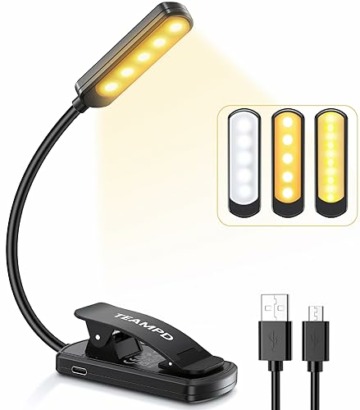 Leselampe Buch Klemme, TEAMPD Buchlampe mit 10 LEDs, 3 Farbtemperatur Modi Dimmbare Helligkeit, Augenschutz Klemmlampe, USB Wiederaufladbare Klemmleuchte, 360° Flexibel für Nachtlesen ins Bett, Reisen - 1