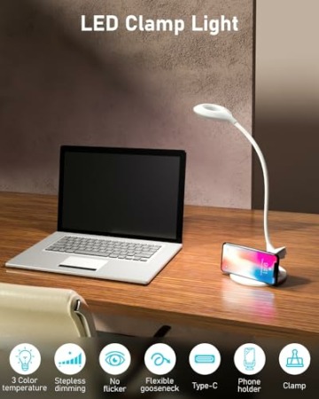 libtit Klemmlampe Bett - Touch Dimmbar Leselampe Buch Klemme Augenschutz Led Klemmleuchte 3 Modi Schwanenhals Bettlampe, USB Aufladbares Akku Leselampe Nachttisch Kinder (Weiß) - 8