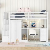 LTGB Hochbett Kinderbett mit Kleiderschrank, Schreibtisch und Treppe, Kinderbetten Funktionsbett, Etagenbett Stockbett Jugendhochbett, ohne Matratze (Hochbett mit Schrank) - 1