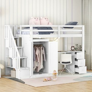 LTGB Hochbett Kinderbett mit Kleiderschrank, Schreibtisch und Treppe, Kinderbetten Funktionsbett, Etagenbett Stockbett Jugendhochbett, ohne Matratze (Hochbett mit Schrank) - 3