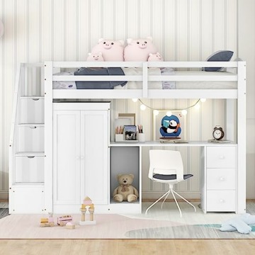 LTGB Hochbett Kinderbett mit Kleiderschrank, Schreibtisch und Treppe, Kinderbetten Funktionsbett, Etagenbett Stockbett Jugendhochbett, ohne Matratze (Hochbett mit Schrank) - 1