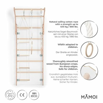 MAMOI® Klettergerüst Indoor, Sprossenwand für kinderzimmer, Turnringe Kinder für Klettern, Kletterwand und spielgeräte, Turngeräte mit Klimmzugstange für drinnen, Sportgeräte ab 3 Jahre - 3