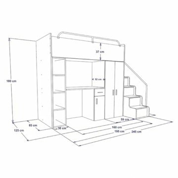 Marlux-Meble Hochbett Kinderbett JSM-4 80x190 mit Kleiderschrank Schreibtisch und Treppe Matt Kinderbetten Funktionsbett Etagenbett Stockbett Kinderhochbett Jugendhochbett (Graphit Matt) - 2