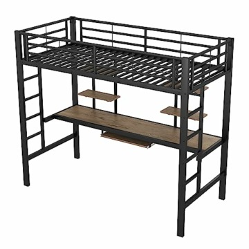 Moimhear Bettgestell Metallbett, Eisenbett, Hochbett mit Schreibtisch und Zwei Bücherregalen für Kinder, Jugendliche und Erwachsene (Schwarz, 90x200cm) - 5