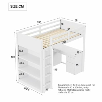 MQLAE Hochbett mit Schreibtisch und Schrank, Kinderhochbett 90 X 200 cm, Tisch mit 4 Schubladen, Kinderbett Rausfallschutz, Multifunktionales Etagenbett, Bett mit Lattenrost, (Weiß) - 2