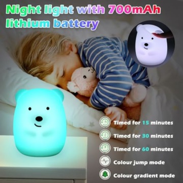 Nachtlicht Kinder, 9 Farben 3 Lichtmodi Baby Nachtleuchte aus Silikon, Nachtlampe Baby, Stilllicht, mit Timer, Touch-steuerung, Fernbedienung, USB-aufladung, für Kinderzimmer Baby Mädchen Junge - 3