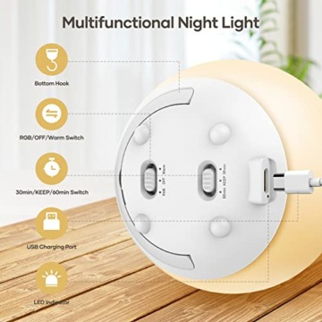 Nachtlicht Kinder,USB Aufladbare Stilllicht Baby mit RGB,Berühren Nachttischlampe Dimmbar Warmen Licht & 7-Farben-Licht, Touch&Switch-Steuerung, Timmer für Baby,Kinderzimmer,Camping,Geschenk - 5