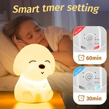 One Fire Nachtlicht Kinder, Kawaii 16 Farben Nachtlicht Baby,LED Stilllicht Dimmbar,1200mAh Akku Lampe&Timing Kinder Nachtlicht,Silikon Hund Nachttischlampe Kinder,Kawaii Nachtlampe Kinderzimmer Deko - 4