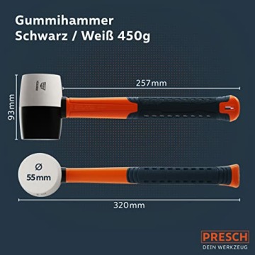 Presch Gummihammer Schwarz/Weiß 450g - Hartgummihammer mit Fiberglasstiel | ⌀=55mm - Allround-Gummihammer mit zwei Seiten für Indoor und Outdoor - Langlebiger Schonhammer - 6