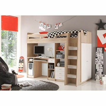 Stella Trading UNIT Hochbett mit Schreibtisch und Schrank 90 x 200 cm - Platzsparendes Kinder Etagenbett in Sonoma Eiche Optik, weiß - 95 x 160 x 204 cm (B/H/T) - 2