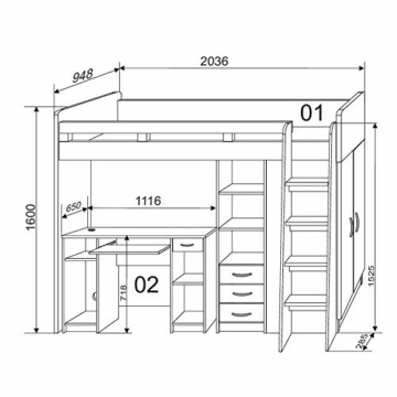 Stella Trading UNIT Hochbett mit Schreibtisch und Schrank 90 x 200 cm - Platzsparendes Kinder Etagenbett in Sonoma Eiche Optik, weiß - 95 x 160 x 204 cm (B/H/T) - 3