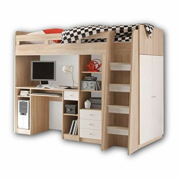 Stella Trading UNIT Hochbett mit Schreibtisch und Schrank 90 x 200 cm - Platzsparendes Kinder Etagenbett in Sonoma Eiche Optik, weiß - 95 x 160 x 204 cm (B/H/T) - 1