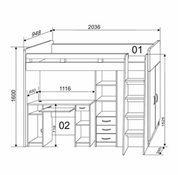 Stella Trading UNIT Hochbett mit Schreibtisch und Schrank 90 x 200 cm - Platzsparendes Kinder Etagenbett in Sonoma Eiche Optik, weiß - 95 x 160 x 204 cm (B/H/T) - 6