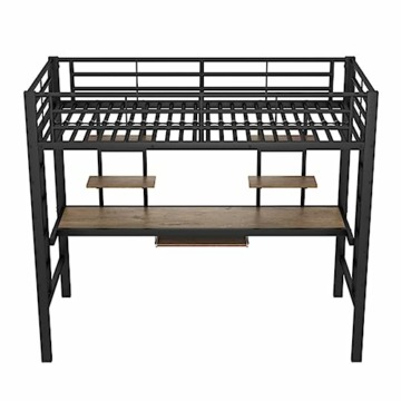 Stilvolles und bequemes Hochbett, Bettgestell Metallbett, Eisenbett, Hochbett mit Schreibtisch und Zwei Bücherregalen, geeignet für Kinder, Jugendliche und Erwachsene, 90x200 cm, Schwarz - 6