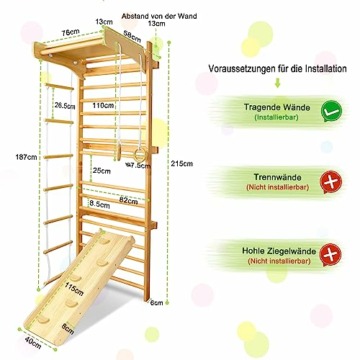 UISEBRT Sprossenwand Kletterwand Holz Turnwand Klettergerüst Indoor Turngeräte für Kinder und Erwachsene, Heimsportgerät Fitness Sportgerät mit Stange Turnringe Rutsche Strickleiter, bis 100kg - 2