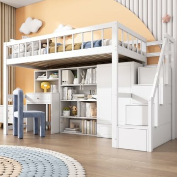 WIZBED Hochbett 90x200 mit Kleiderschrank Schreibtisch und Treppe, Kinderbetten mit Regalen, Stauraumbett für Kinder, Funktionsbett Etagenbett Stockbett Jugendbett, ohne Matratze - 9