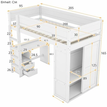 WIZBED Hochbett mit Schreibtisch und Schrank 90x200, Etagenbett mit Kleiderschrank, Schubladen, Kinderbett Bettgestell Einzelbett Funktionsbett, weiß ohne Matratze - 2