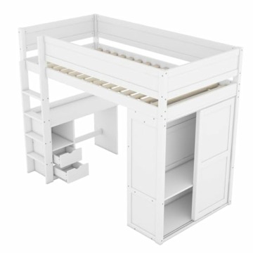 WIZBED Hochbett mit Schreibtisch und Schrank 90x200, Etagenbett mit Kleiderschrank, Schubladen, Kinderbett Bettgestell Einzelbett Funktionsbett, weiß ohne Matratze - 3