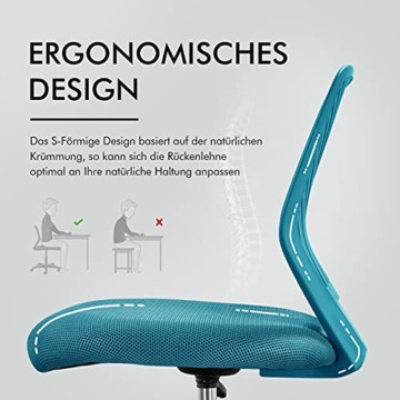 Yaheetech Bürostuhl Ergonomisch Schreibtischstuhl ohne Armlehnen Drehstuhl mit Rücklehne Arbeitsstuhl höhenverstellbar 136 kg belastbar Türkis - 5