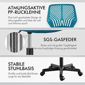 Yaheetech Bürostuhl Ergonomisch Schreibtischstuhl ohne Armlehnen Drehstuhl mit Rücklehne Arbeitsstuhl höhenverstellbar 136 kg belastbar Türkis - 7