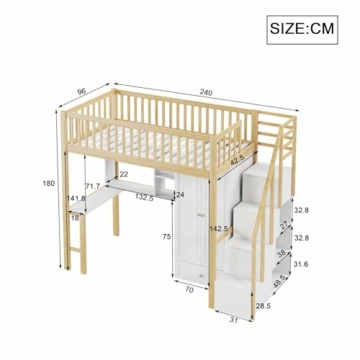 YESGIGA Hochbett 90 x 200 mit großem Kleiderschrank Regal und Tisch, Stauraum Treppe Mehrzweckbetteinheit Holzbettgestell (Holzfarbe) - 2