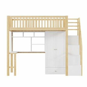 YESGIGA Hochbett 90 x 200 mit großem Kleiderschrank Regal und Tisch, Stauraum Treppe Mehrzweckbetteinheit Holzbettgestell (Holzfarbe) - 8