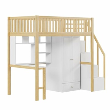 YESGIGA Hochbett 90 x 200 mit großem Kleiderschrank Regal und Tisch, Stauraum Treppe Mehrzweckbetteinheit Holzbettgestell (Holzfarbe) - 9