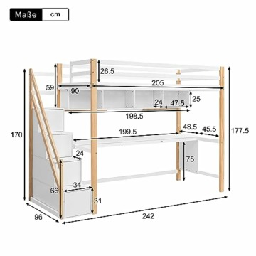 ZYLOYAL10 Kinderhochbett Hochbett mit Bücherregal und Stauraumtreppe für Kinder, Kinderbett mit Schreibtisch, inklusive Lattenrost, 90x200cm, Bettgestell, Jugendbett Spielbett - 2