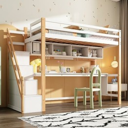ZYLOYAL10 Kinderhochbett Hochbett mit Bücherregal und Stauraumtreppe für Kinder, Kinderbett mit Schreibtisch, inklusive Lattenrost, 90x200cm, Bettgestell, Jugendbett Spielbett - 1