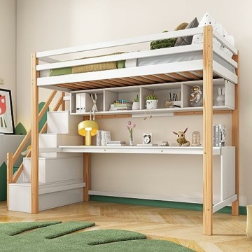 ZYLOYAL10 Kinderhochbett Hochbett mit Bücherregal und Stauraumtreppe für Kinder, Kinderbett mit Schreibtisch, inklusive Lattenrost, 90x200cm, Bettgestell, Jugendbett Spielbett - 6